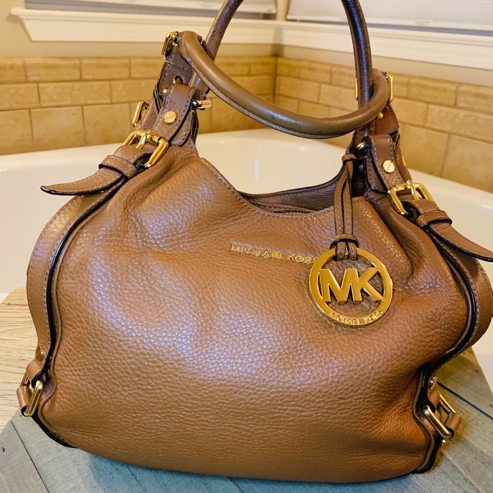 Michael Kors Brown Tan Leather Double Strapped Hobo Purse Multi Pocket Handbag